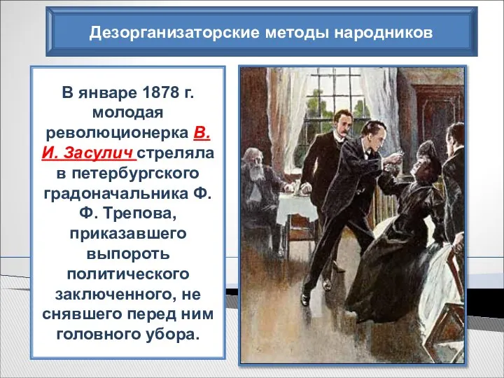 Дезорганизаторские методы народников В январе 1878 г. молодая революционерка В. И.