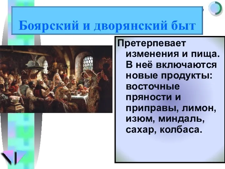 Претерпевает изменения и пища. В неё включаются новые продукты: восточные пряности