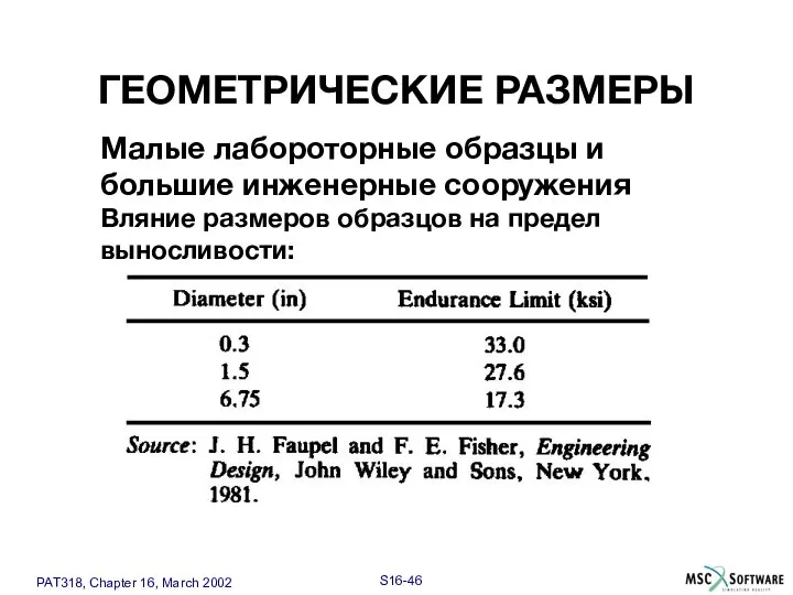 ГЕОМЕТРИЧЕСКИЕ РАЗМЕРЫ Малые лабороторные образцы и большие инженерные сооружения Вляние размеров образцов на предел выносливости: