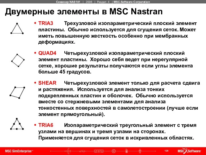 Двумерные элементы в MSC Nastran TRIA3 Трехузловой изопараметрический плоский элемент пластины.