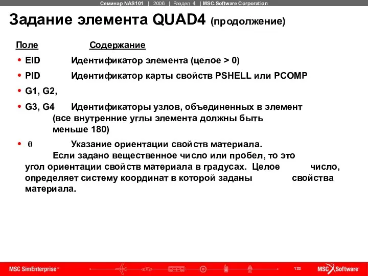 Задание элемента QUAD4 (продолжение) Поле Содержание EID Идентификатор элемента (целое >