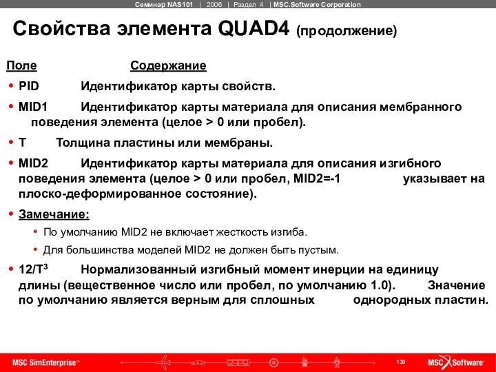 Свойства элемента QUAD4 (продолжение) Поле Содержание PID Идентификатор карты свойств. MID1