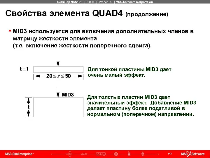 Свойства элемента QUAD4 (продолжение) MID3 используется для включения дополнительных членов в