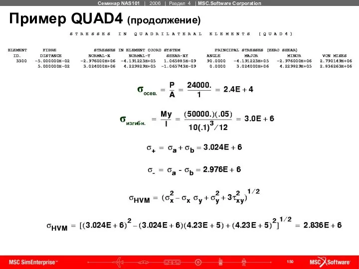 Пример QUAD4 (продолжение) σосев. σизгибн. -