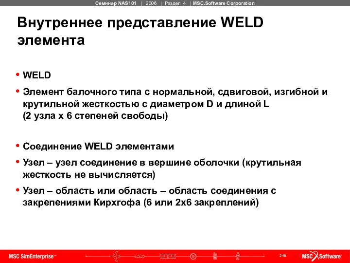 Внутреннее представление WELD элемента WELD Элемент балочного типа с нормальной, сдвиговой,