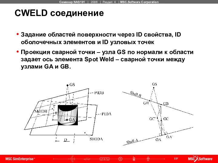 CWELD соединение Задание областей поверхности через ID свойства, ID оболочечных элементов