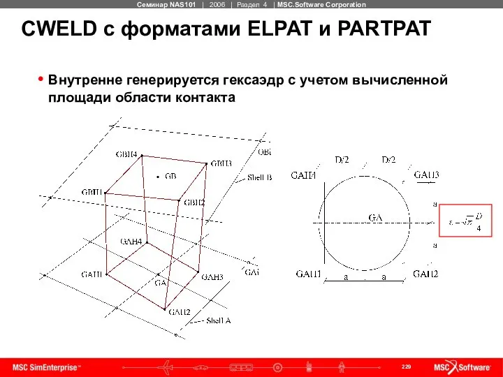 Внутренне генерируется гексаэдр с учетом вычисленной площади области контакта CWELD с форматами ELPAT и PARTPAT