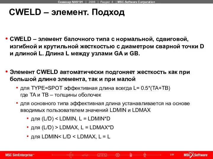 CWELD – элемент. Подход CWELD – элемент балочного типа с нормальной,