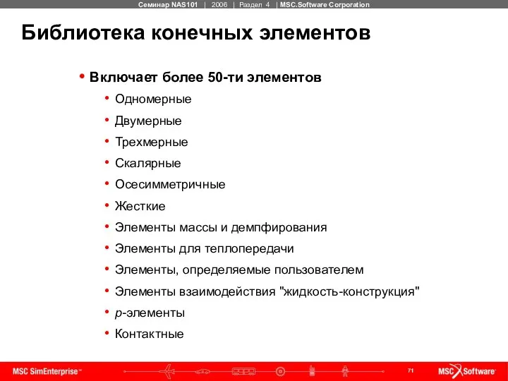 Библиотека конечных элементов Включает более 50-ти элементов Одномерные Двумерные Трехмерные Скалярные