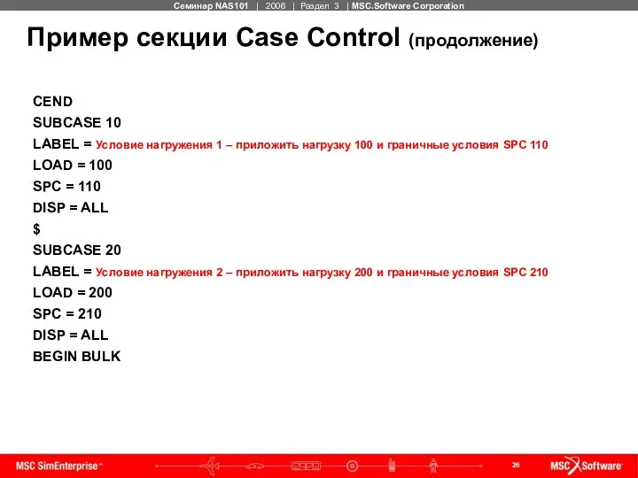 Пример секции Case Control (продолжение) CEND SUBCASE 10 LABEL = Условие