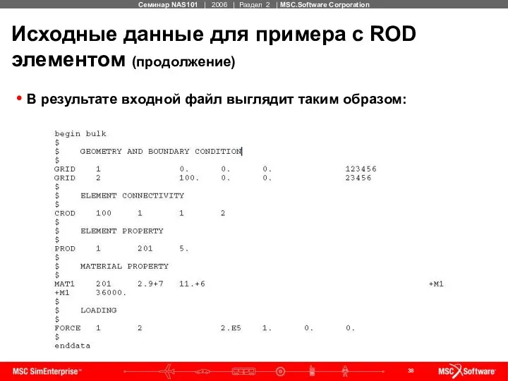 Исходные данные для примера с ROD элементом (продолжение) В результате входной файл выглядит таким образом: