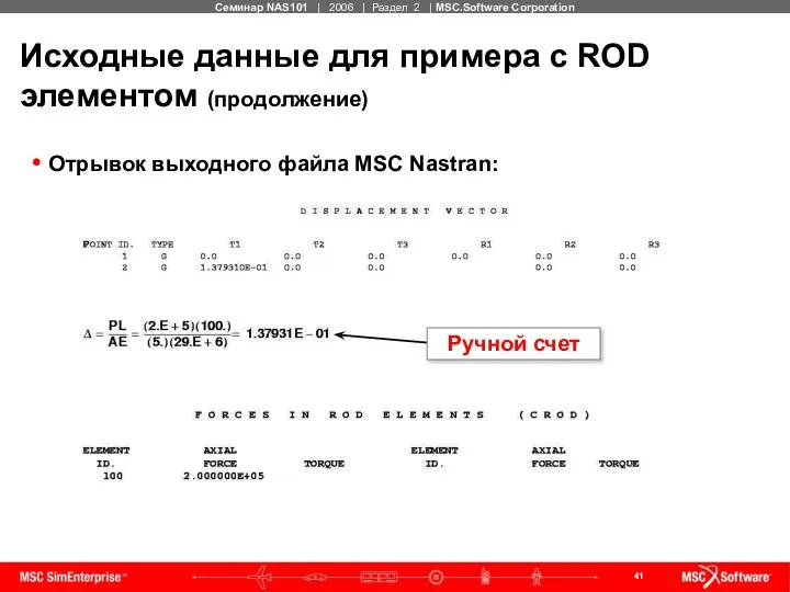 Исходные данные для примера с ROD элементом (продолжение) Отрывок выходного файла