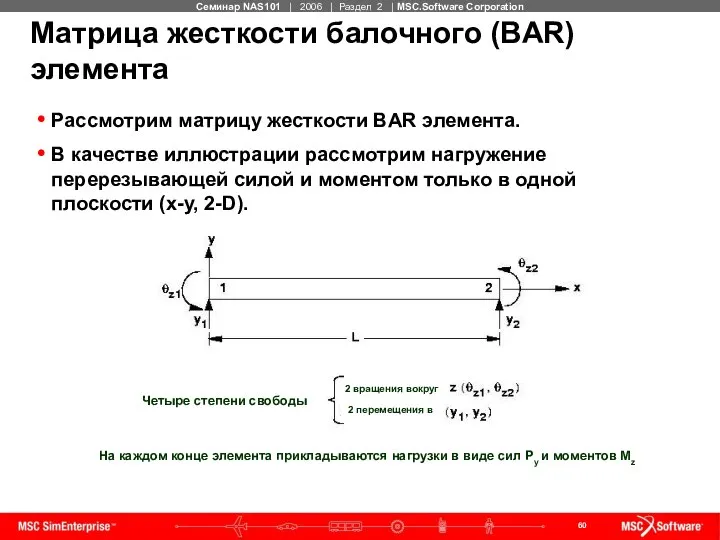 Матрица жесткости балочного (BAR) элемента Рассмотрим матрицу жесткости BAR элемента. В