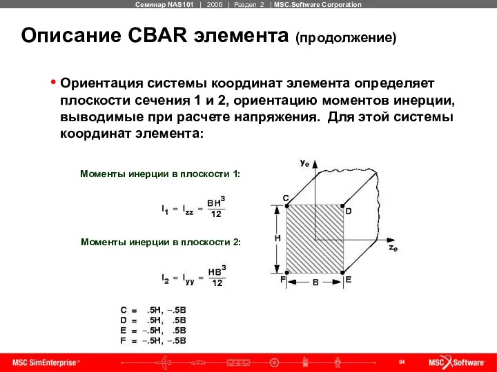 Описание CBAR элемента (продолжение) Ориентация системы координат элемента определяет плоскости сечения