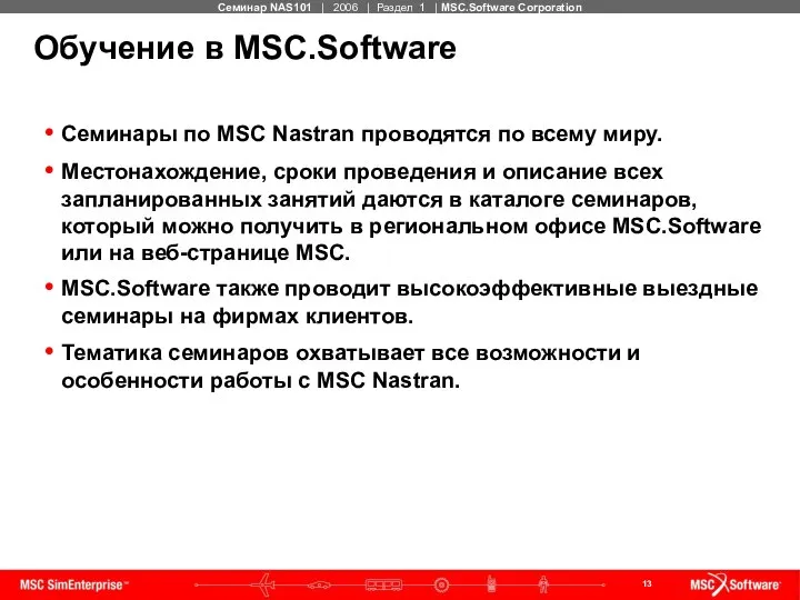 Обучение в MSC.Software Семинары по MSC Nastran проводятся по всему миру.