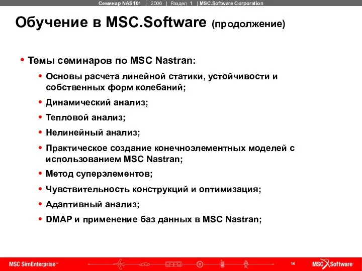 Обучение в MSC.Software (продолжение) Темы семинаров по MSC Nastran: Основы расчета