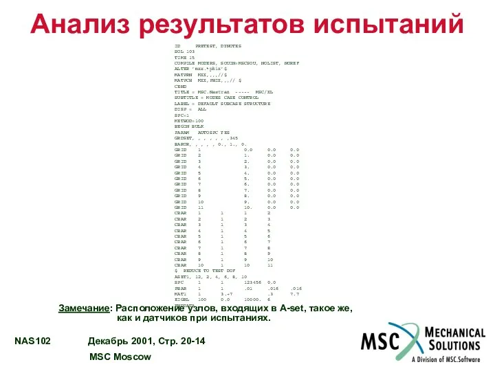 ID PRETEST, DYNOTES SOL 103 TIME 15 COMPILE MODERS, SOUIN=MSCSOU, NOLIST,