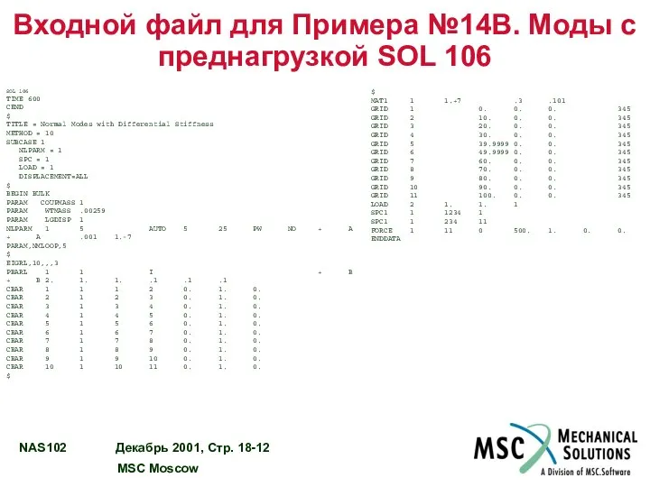 Входной файл для Примера №14B. Моды с преднагрузкой SOL 106 SOL