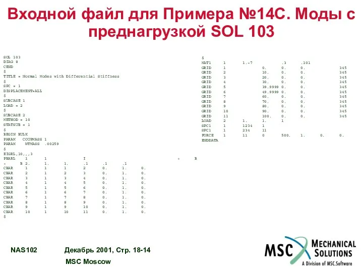 Входной файл для Примера №14C. Моды с преднагрузкой SOL 103 SOL