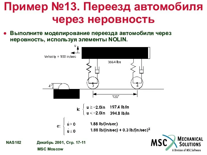 Пример №13. Переезд автомобиля через неровность Выполните моделирование переезда автомобиля через неровность, используя элементы NOLIN.