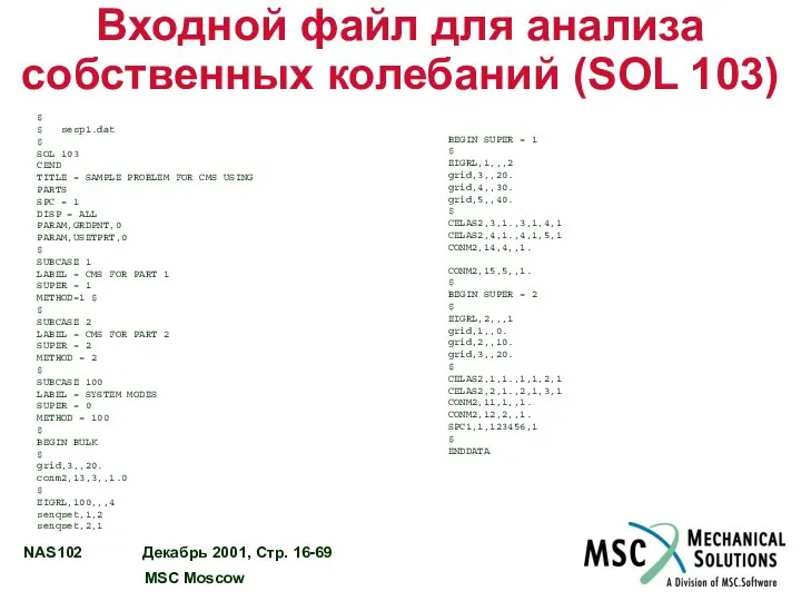 Входной файл для анализа собственных колебаний (SOL 103)