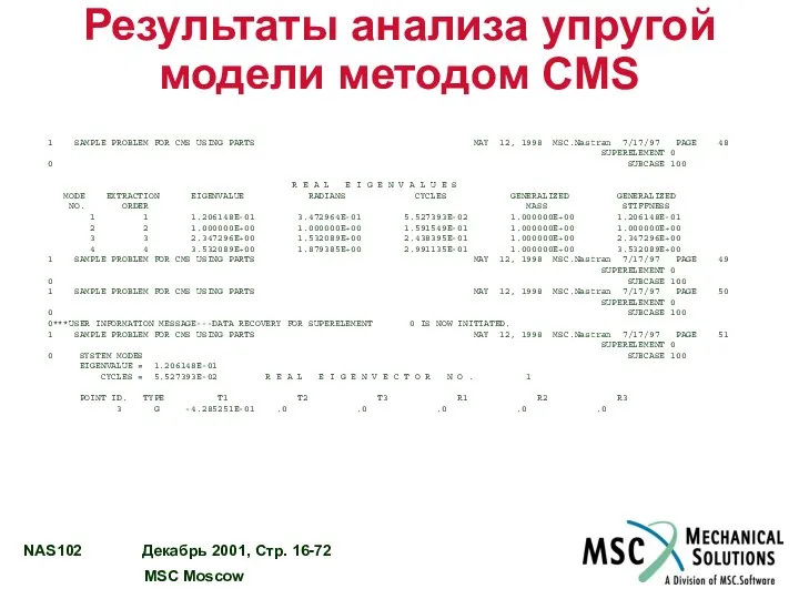 Результаты анализа упругой модели методом CMS 1 SAMPLE PROBLEM FOR CMS