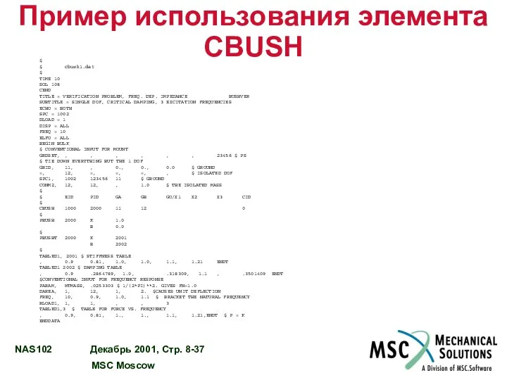 Пример использования элемента CBUSH $ $ cbush1.dat $ TIME 10 SOL