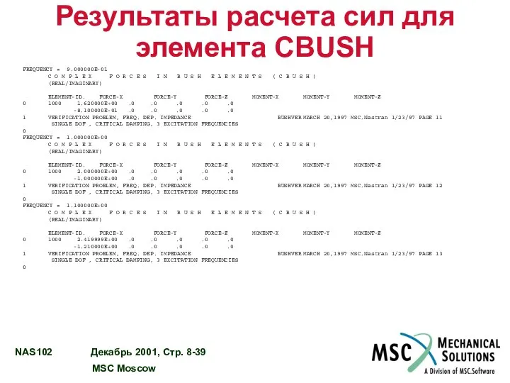 Результаты расчета сил для элемента CBUSH FREQUENCY = 9.000000E-01 C O