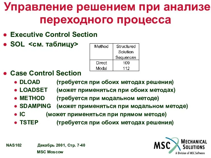 Управление решением при анализе переходного процесса Executive Control Section SOL Case