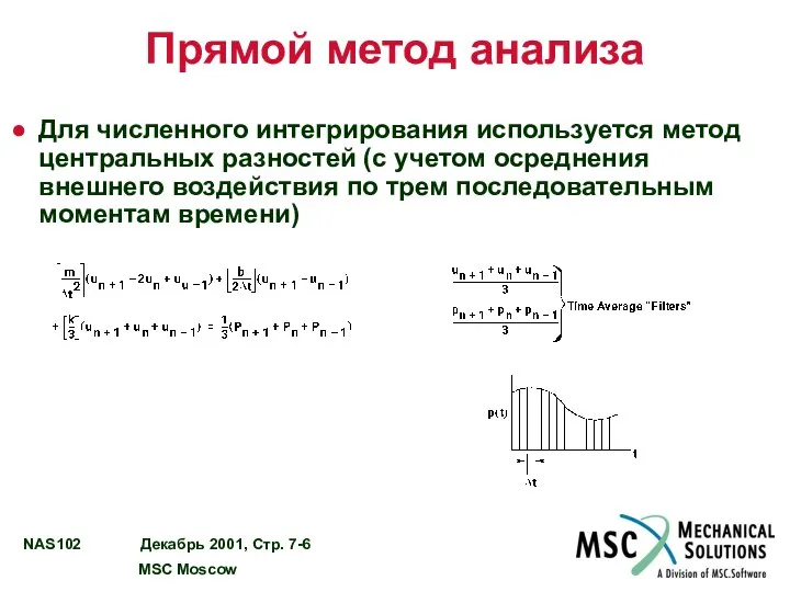 Прямой метод анализа Для численного интегрирования используется метод центральных разностей (с