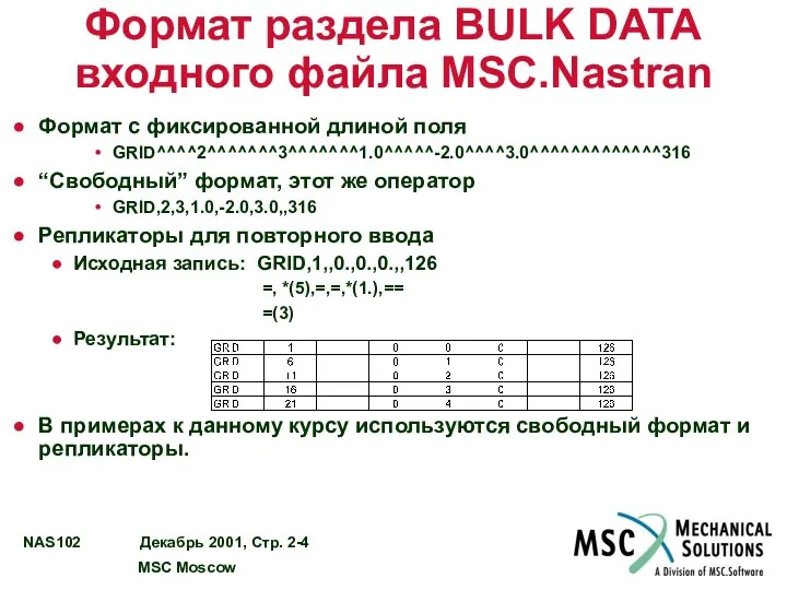 Формат раздела BULK DATA входного файла MSC.Nastran Формат с фиксированной длиной