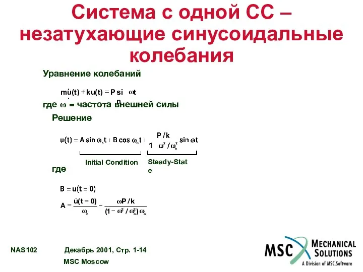 Система с одной СС – незатухающие синусоидальные колебания Уравнение колебаний где