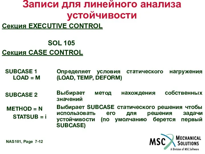 Записи для линейного анализа устойчивости Секция EXECUTIVE CONTROL SOL 105 Секция CASE CONTROL