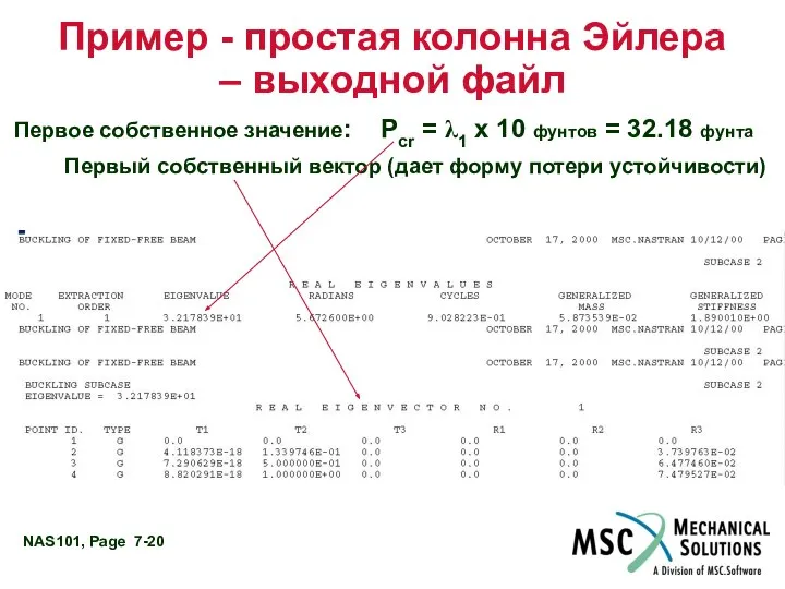 Пример - простая колонна Эйлера – выходной файл Первое собственное значение: