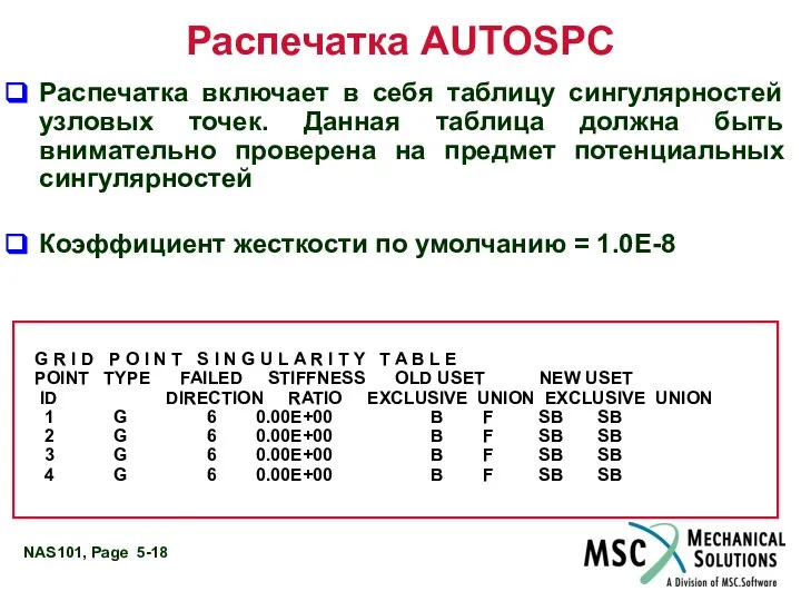 Распечатка AUTOSPC Распечатка включает в себя таблицу сингулярностей узловых точек. Данная