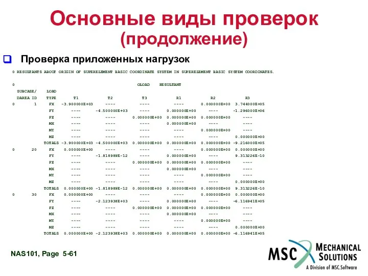 Основные виды проверок (продолжение) Проверка приложенных нагрузок 0 RESULTANTS ABOUT ORIGIN