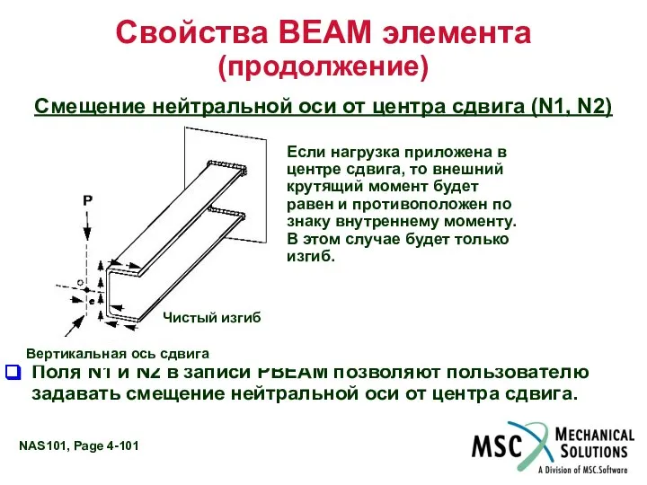 Свойства BEAM элемента (продолжение) Смещение нейтральной оси от центра сдвига (N1,