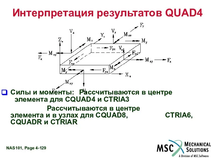 Интерпретация результатов QUAD4 Силы и моменты: Рассчитываются в центре элемента для