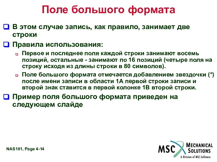 Поле большого формата В этом случае запись, как правило, занимает две