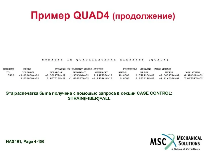 Пример QUAD4 (продолжение) Эта распечатка была получена с помощью запроса в секции CASE CONTROL: STRAIN(FIBER)=ALL