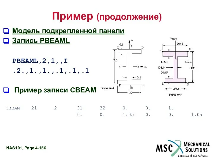 Пример (продолжение) Модель подкрепленной панели Запись PBEAML PBEAML,2,1,,I ,2.,1.,1.,.1,.1,.1 Пример записи