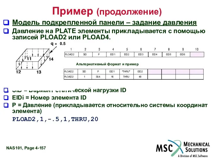 Пример (продолжение) Модель подкрепленной панели – задание давления Давление на PLATE