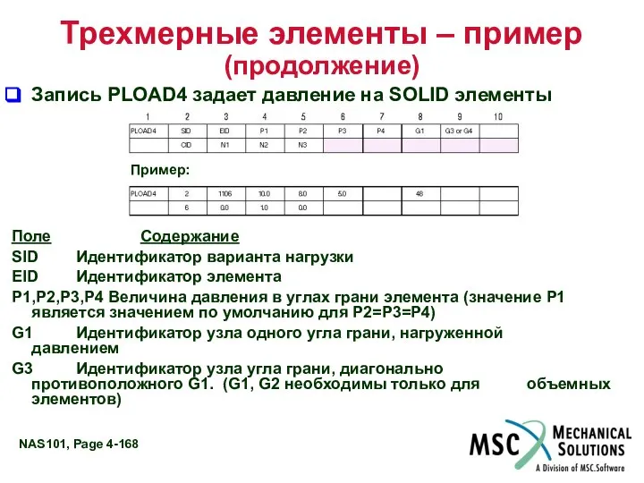 Трехмерные элементы – пример (продолжение) Запись PLOAD4 задает давление на SOLID