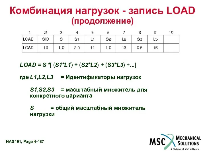 Комбинация нагрузок - запись LOAD (продолжение) LOAD = S *[ (S1*L1)