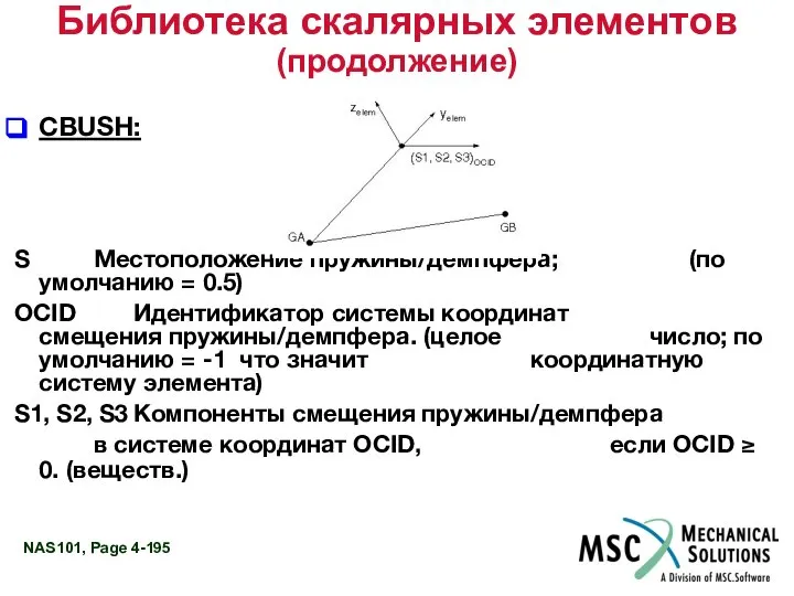 Библиотека скалярных элементов (продолжение) CBUSH: S Местоположение пружины/демпфера; (по умолчанию =