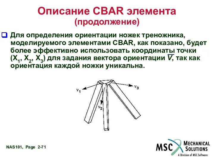 Описание CBAR элемента (продолжение) Для определения ориентации ножек треножника, моделируемого элементами