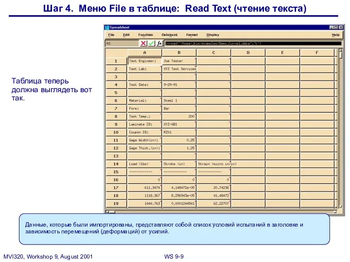 Таблица теперь должна выглядеть вот так. Шаг 4. Меню File в таблице: Read Text (чтение текста)