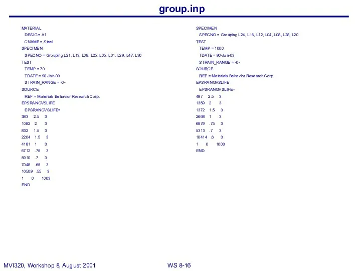 group.inp MATERIAL DESIG = A1 CNAME = Steel SPECIMEN SPECNO =