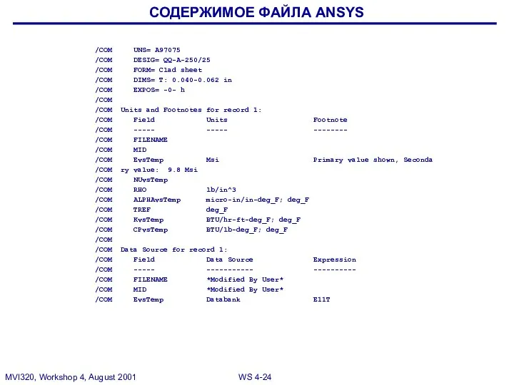 СОДЕРЖИМОЕ ФАЙЛА ANSYS /COM UNS= A97075 /COM DESIG= QQ-A-250/25 /COM FORM=