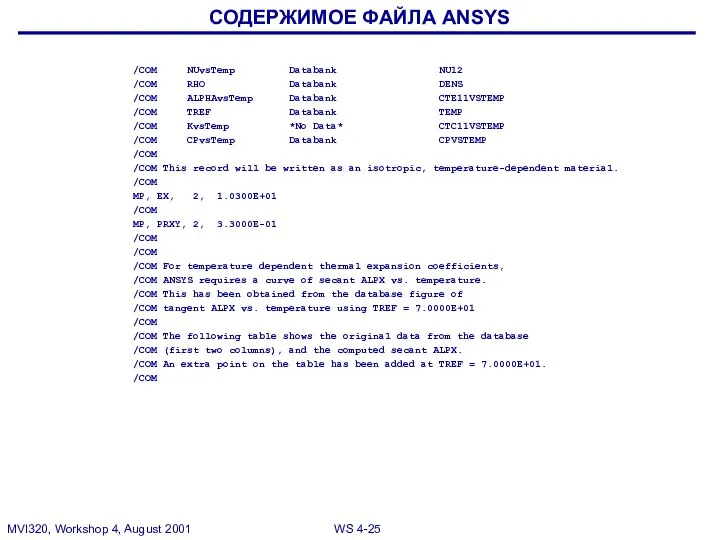 СОДЕРЖИМОЕ ФАЙЛА ANSYS /COM NUvsTemp Databank NU12 /COM RHO Databank DENS